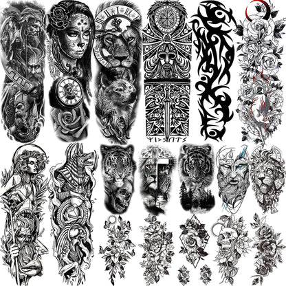 Realistic Full Arm Temporary Tattoos Sleeve Fake Tatoos Warrior Lion Tiger Flower Waterproof Tattoo Stickers For Womens Mens
