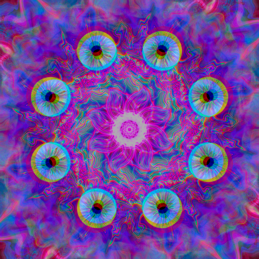 "Flower of Eyes" by Melted Glam – psychedelic digital artwork inspired by the Flower of Life and third eye awakening, featuring a neon pinkfuturistic glowing flower at the center surrounded by kaleidoscope mandala eyes in vibrant purple, pink, and blue. Visionary festival art.